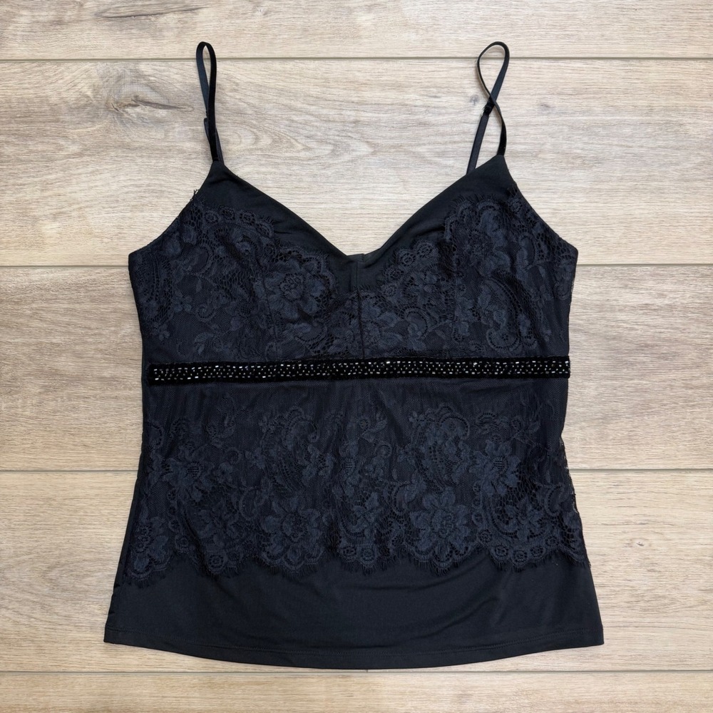 Vintage Y2Kβ Black Lace Babydoll Empire Camisole Beaded Whimsigoth Witchy Top